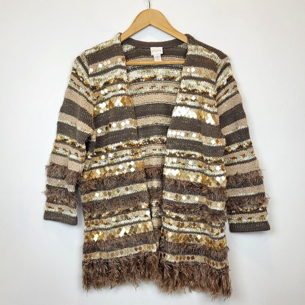 Chico's Cream Gold Sequin Sparkly Faux Fur Open Front Sweater, Size Small, EUC